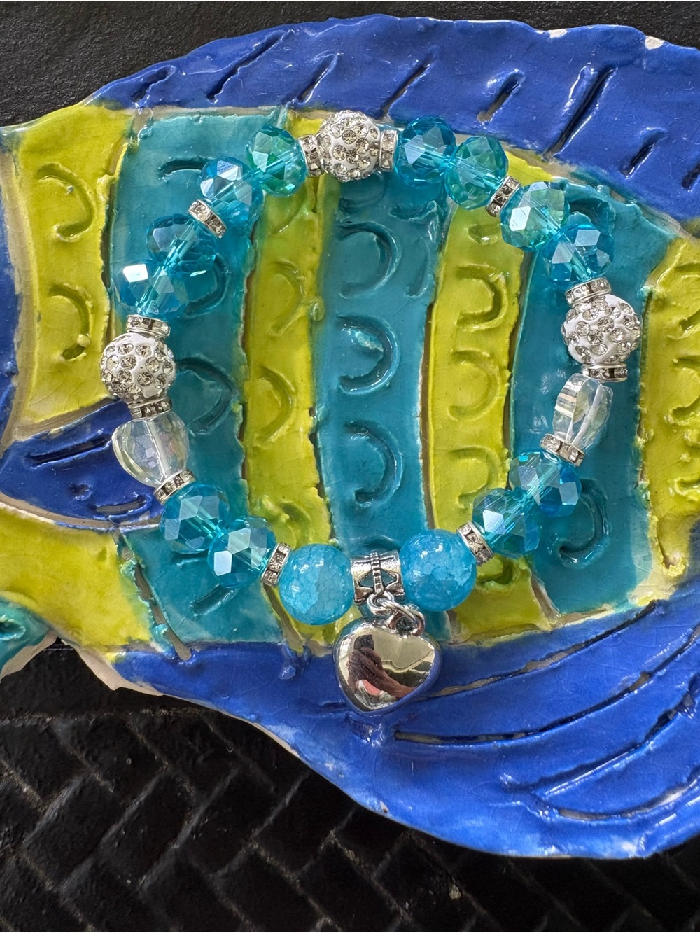 Turquoise Crystal Heart Charm Stretch Bracelet